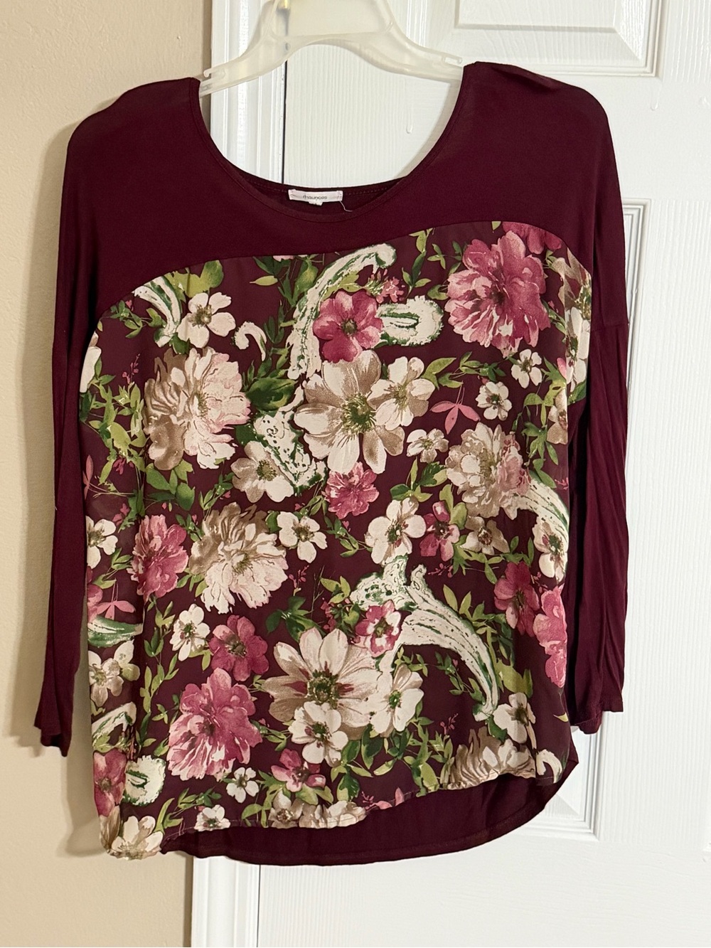 Maurices Burgundy Floral Panel Long Sleeve Top